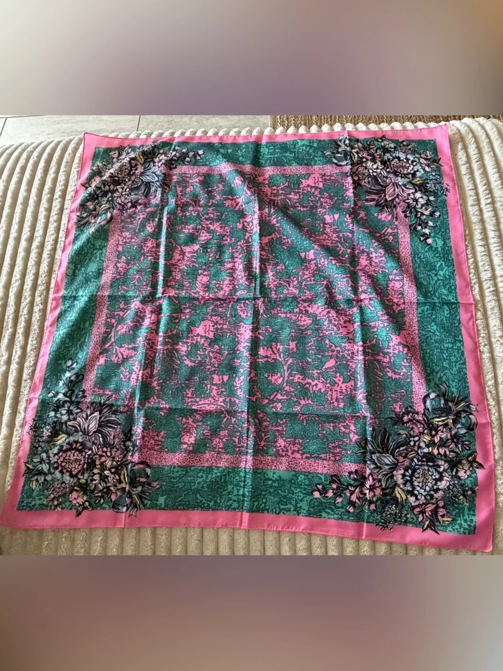 Axcess Pink and Green Floral Silk-Feel Square Scarf